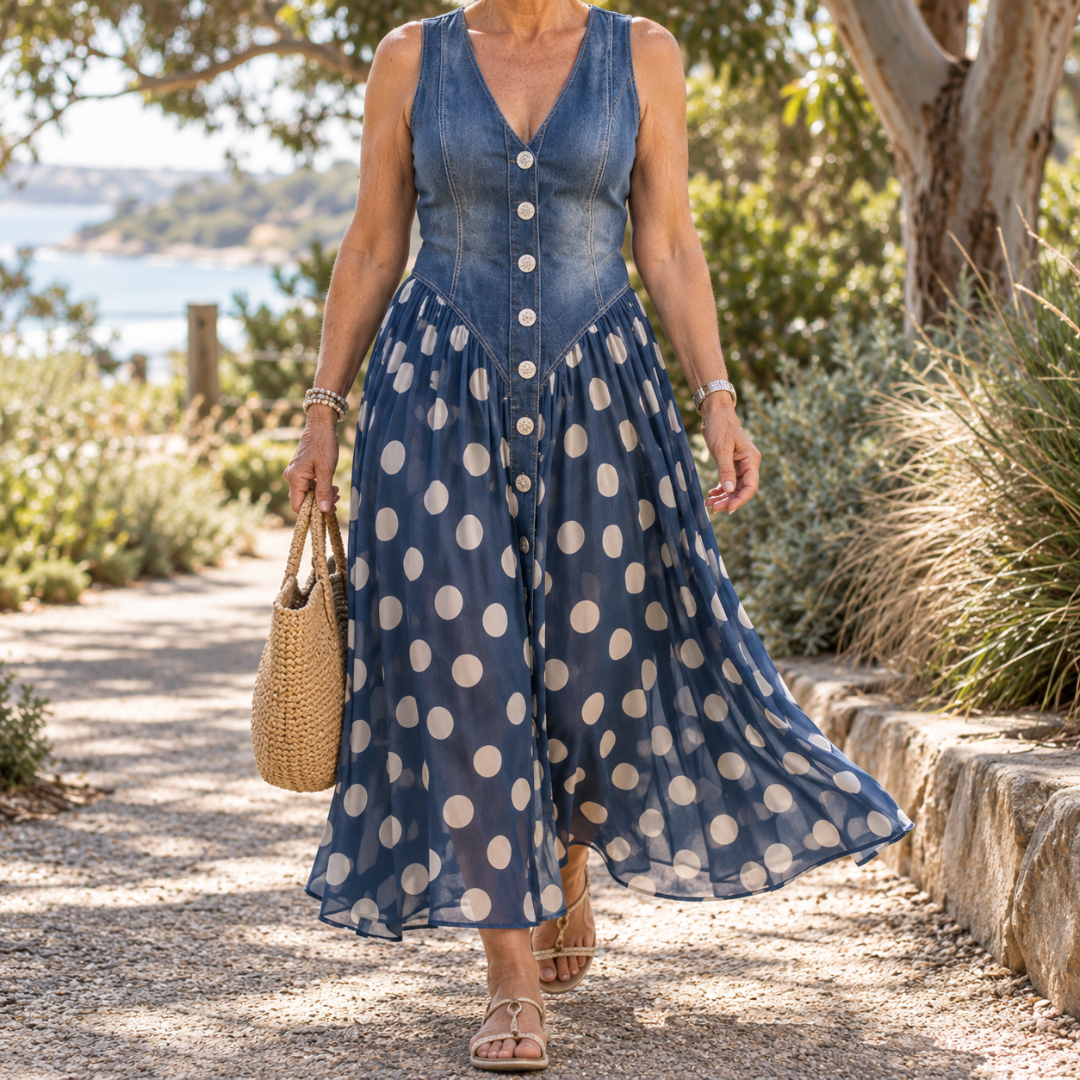 Amelia | Polka Dot Denim Maxi Dress