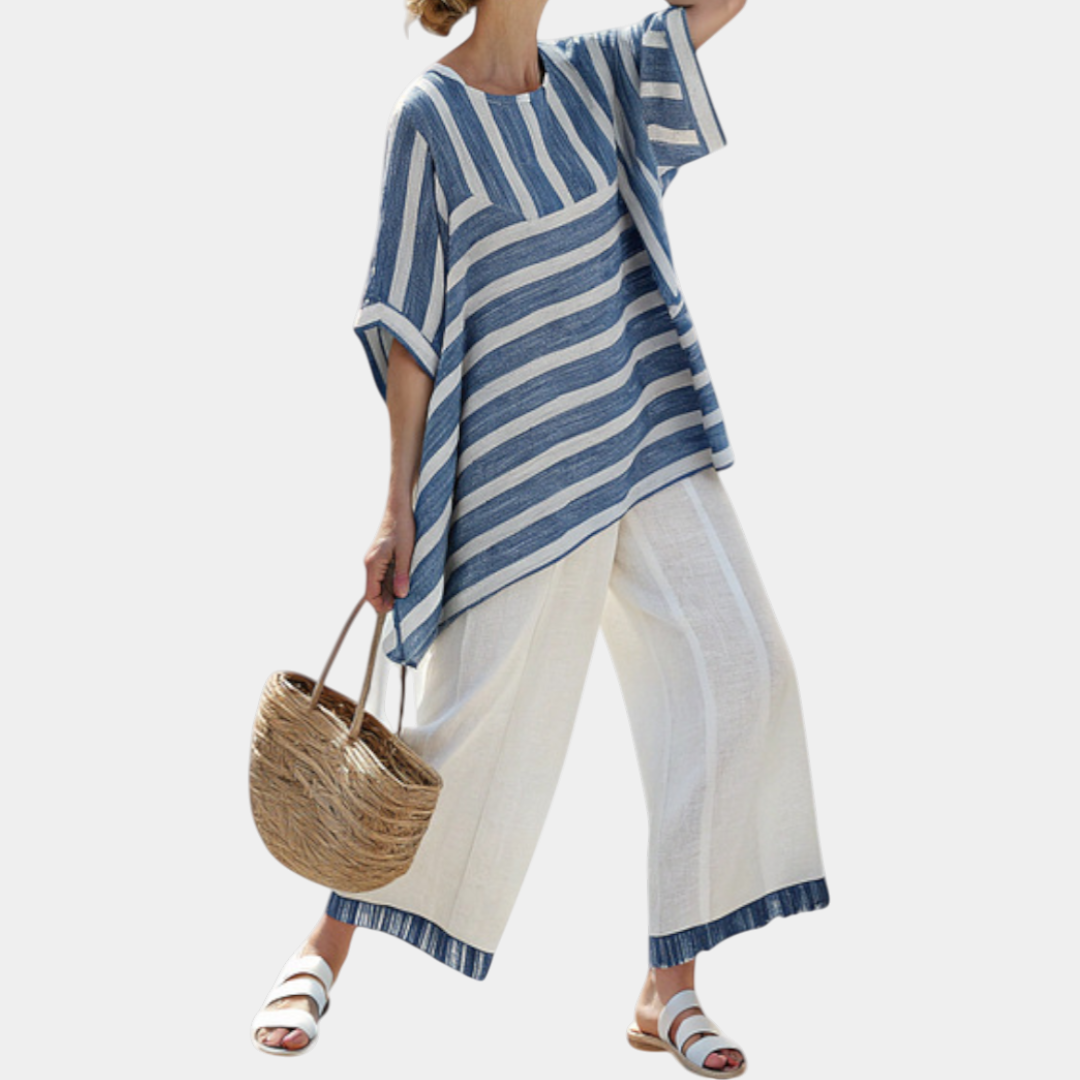 Ornela | Finely Striped Top and Pants with Hem Details