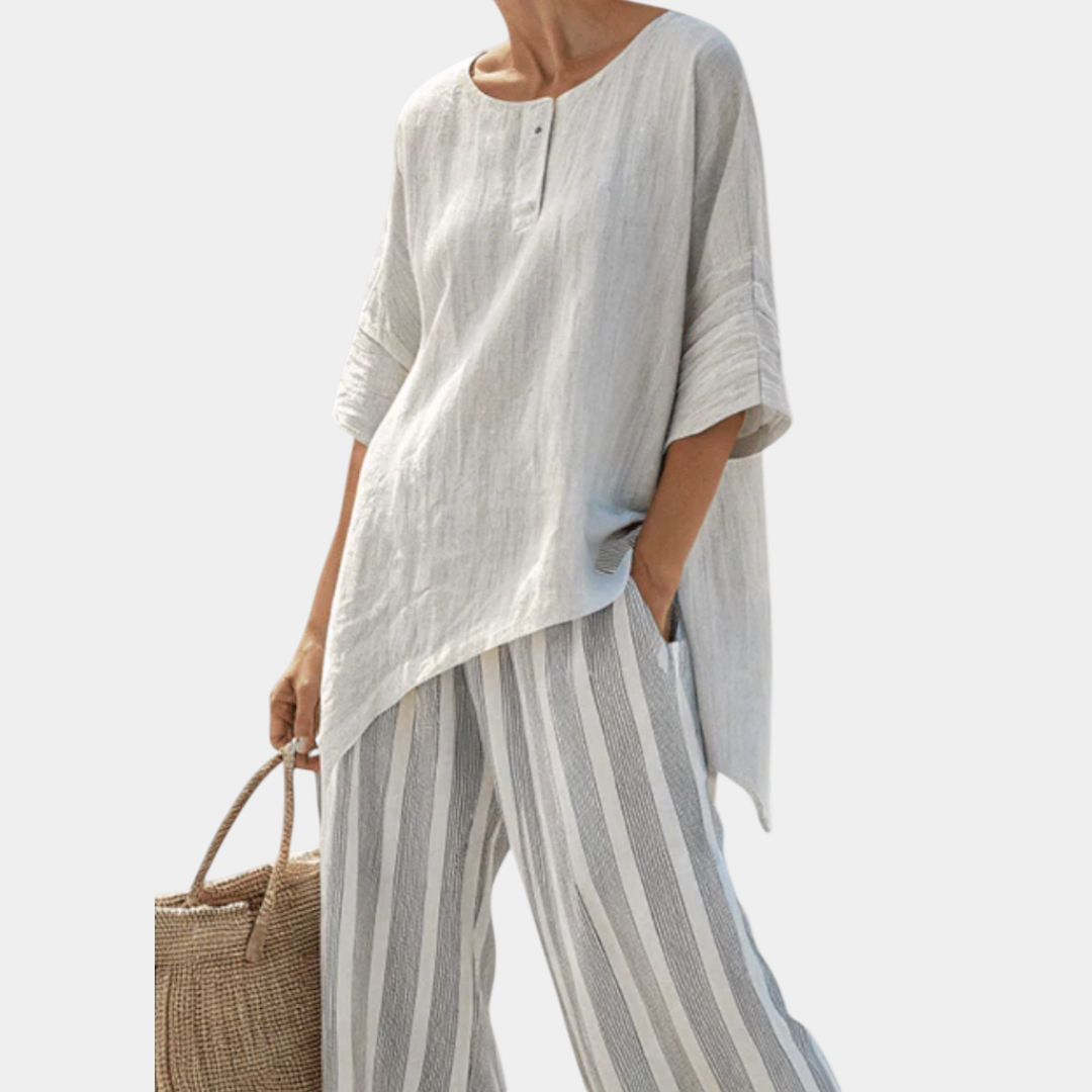 Fiorella | Elegant Asymmetric Blouse and Striped Pants