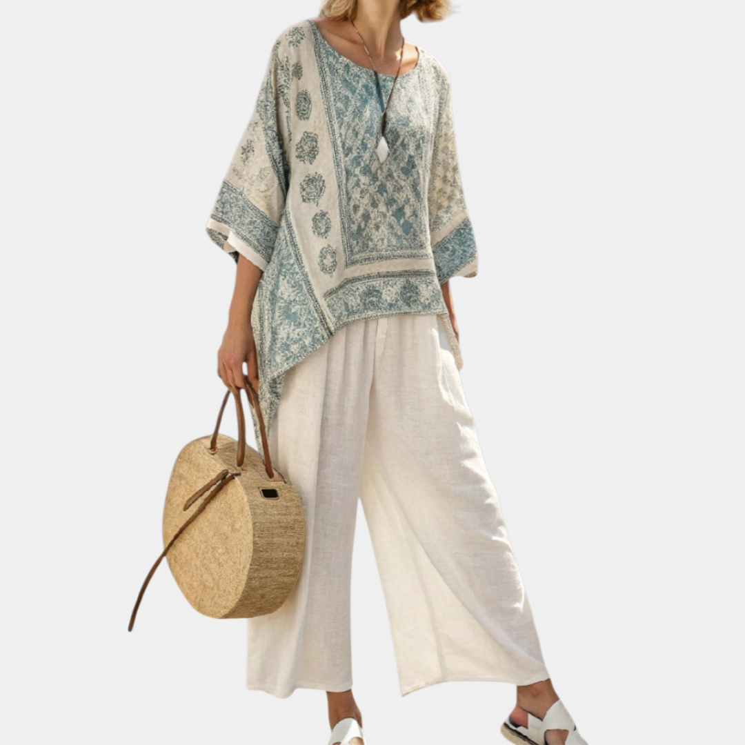 Annalisa | Comfortable Printed Blouse and White Wide-Leg Pants