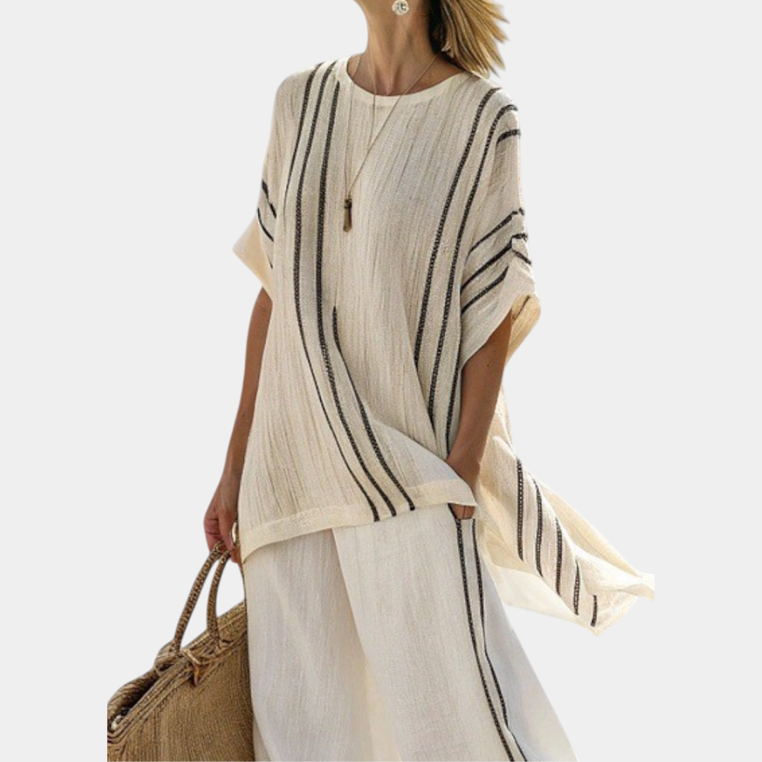 Raffaella | Elegant Ivory Linen Blouse and Black Striped Pants