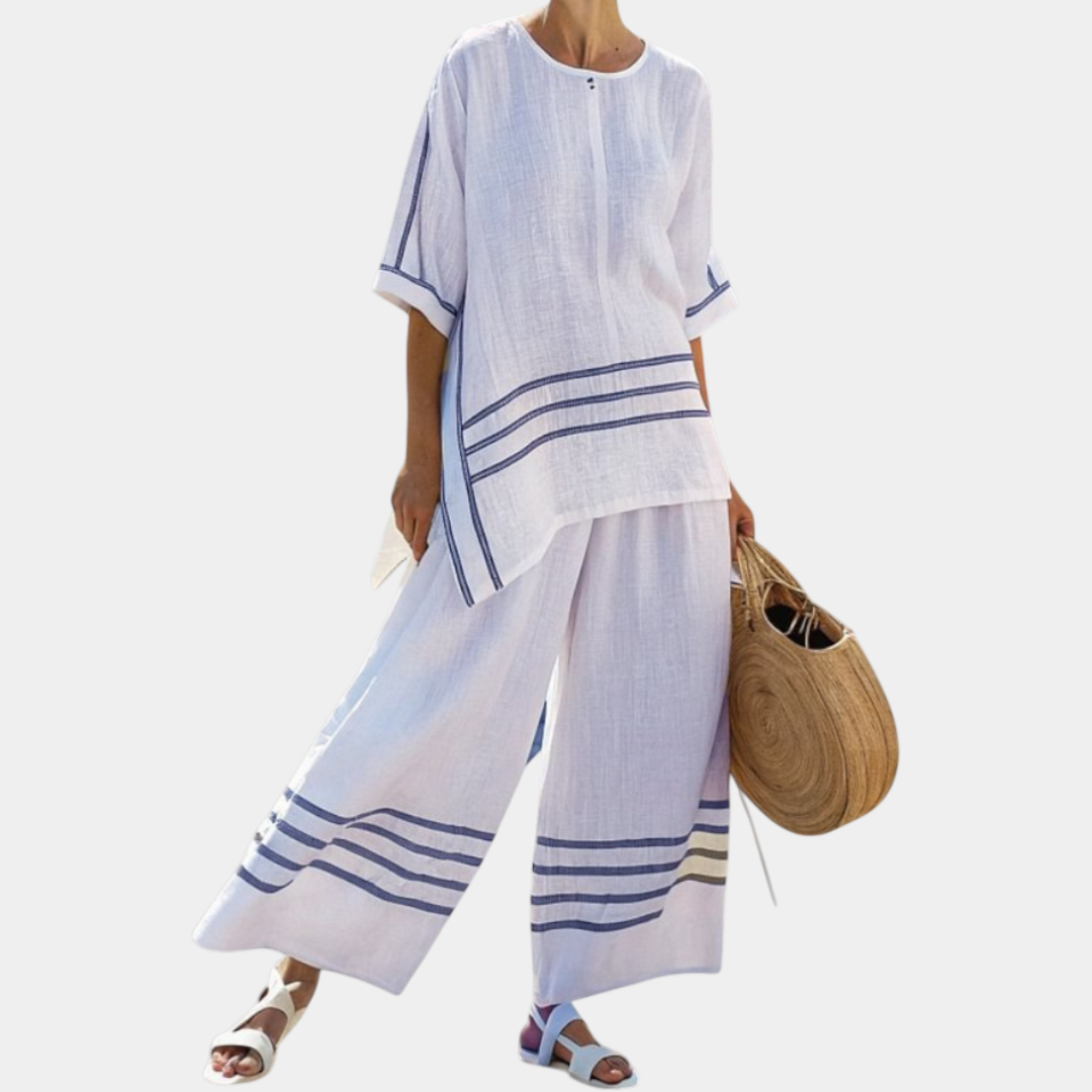 Vittorina | Asymmetric Blouse with Fine Stripes and Bold Pants