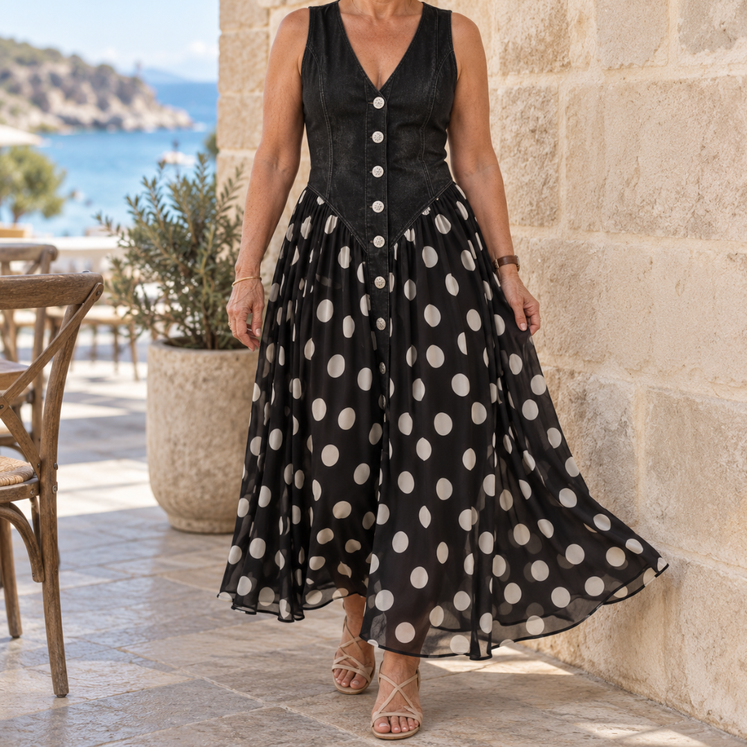 Amelia | Polka Dot Denim Maxi Dress