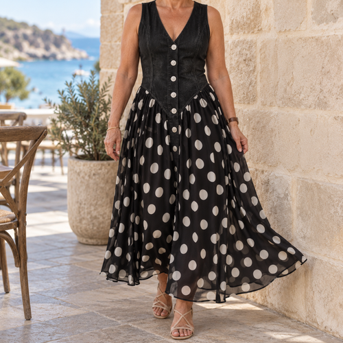 Amelia | Polka Dot Denim Maxi Dress