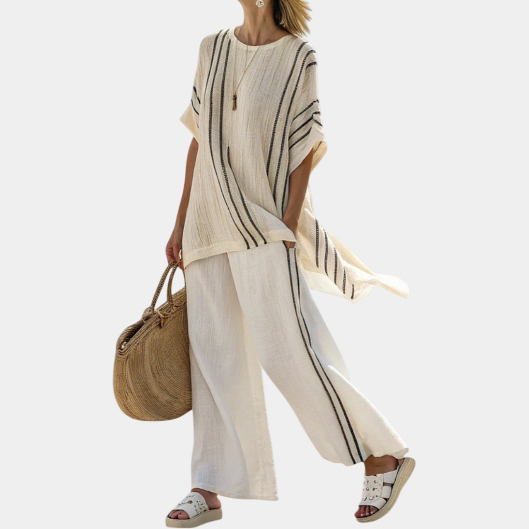 Raffaella | Elegant Ivory Linen Blouse and Black Striped Pants
