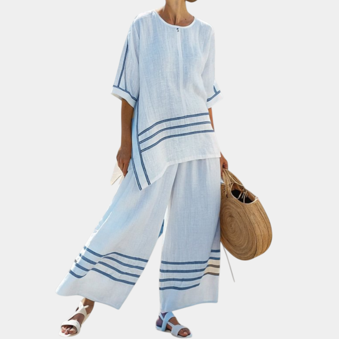 Vittorina | Asymmetric Blouse with Fine Stripes and Bold Pants