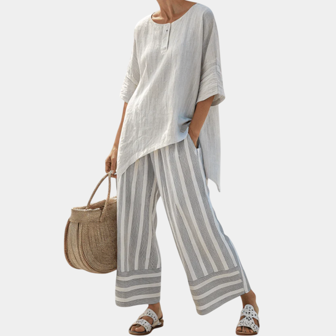 Fiorella | Elegant Asymmetric Blouse and Striped Pants