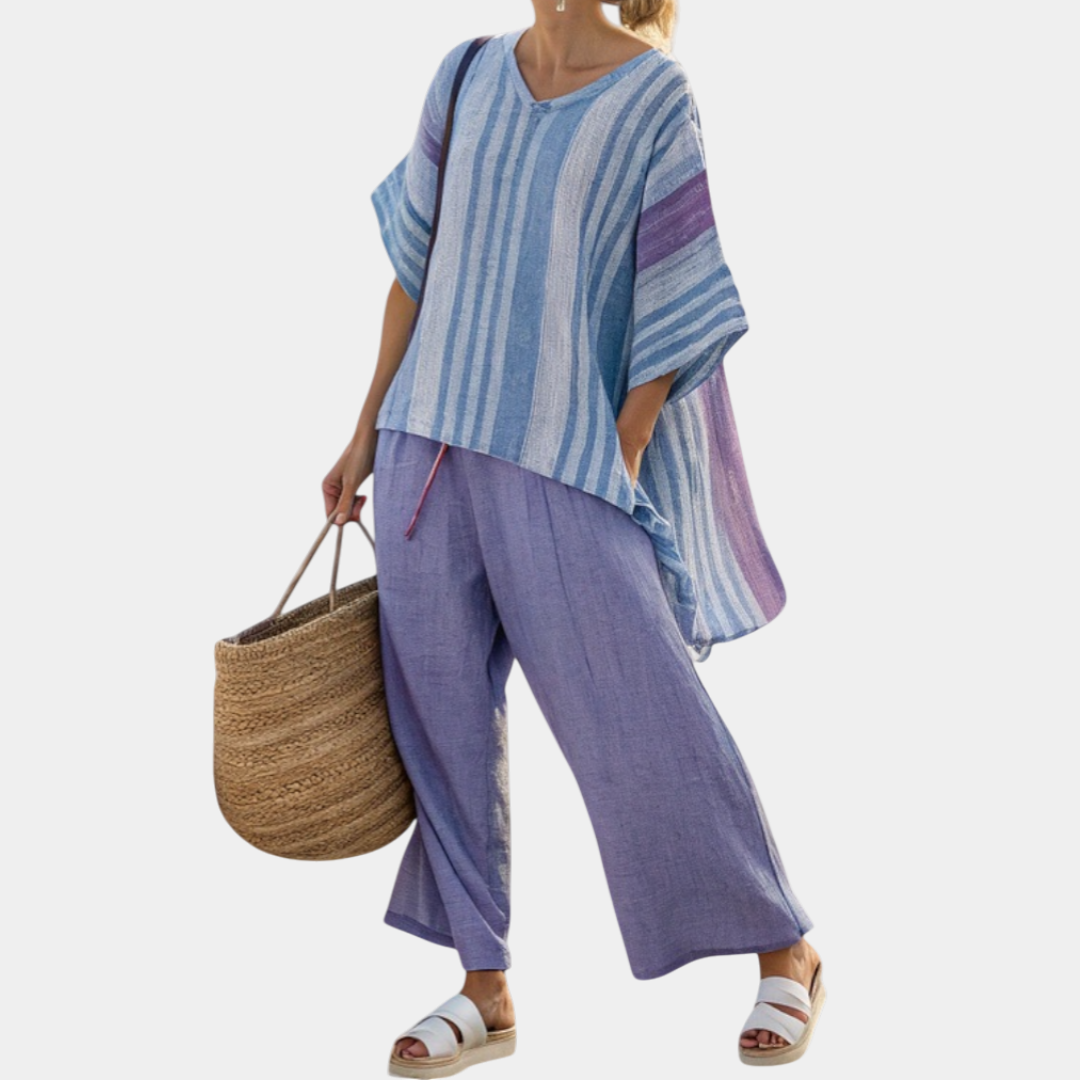 Carlotta | Elegant Lavender and Sky Blue Top with Pants