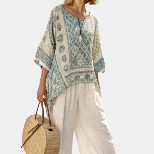 Annalisa | Comfortable Printed Blouse and White Wide-Leg Pants
