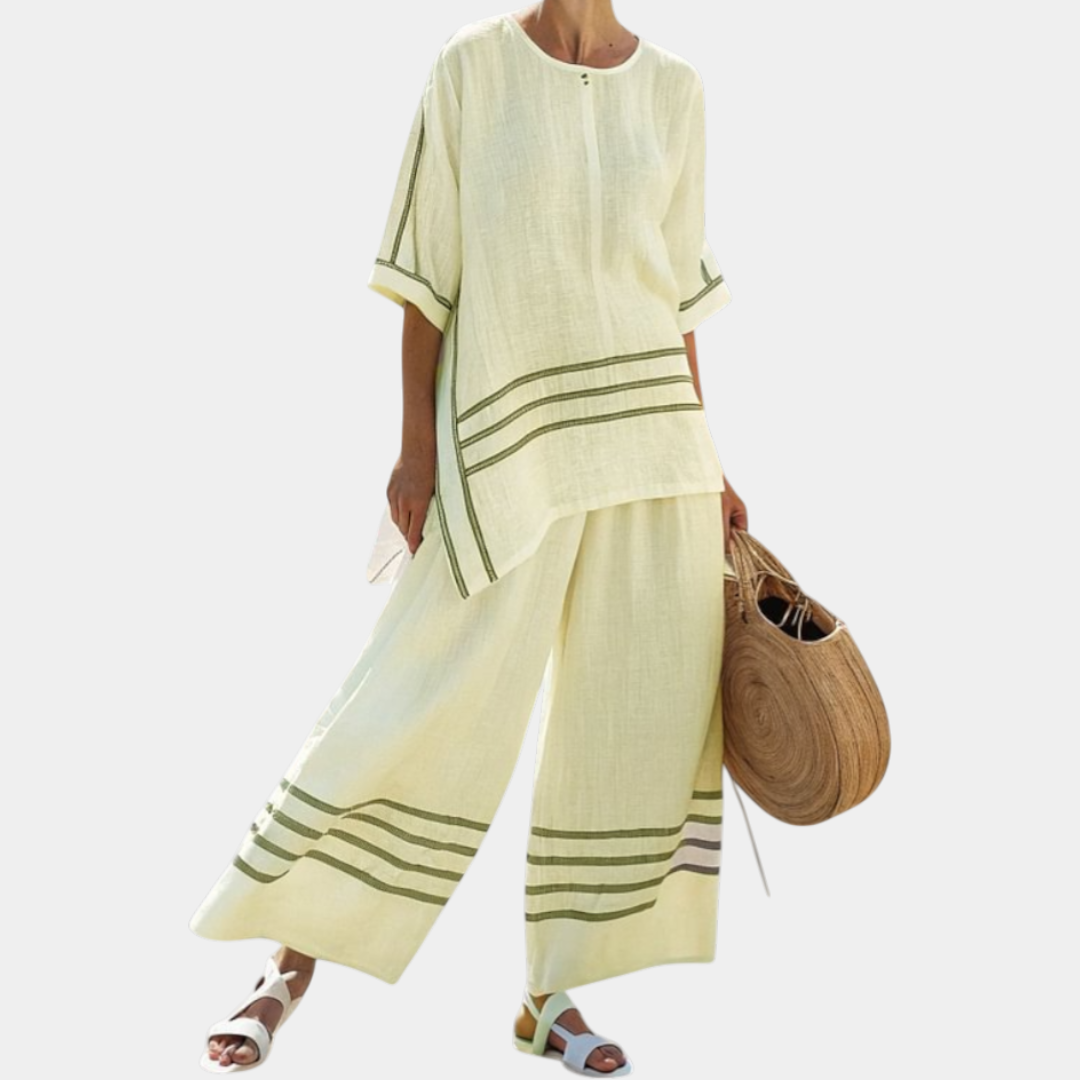 Vittorina | Asymmetric Blouse with Fine Stripes and Bold Pants