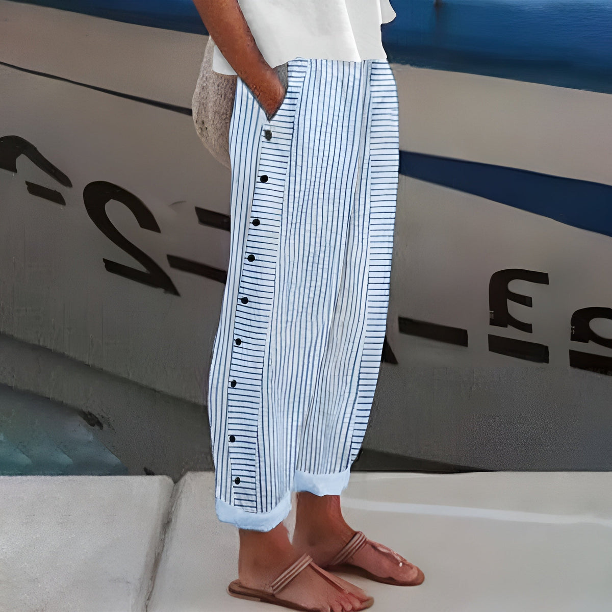 Eleanor | Stripe Panel Button Trousers