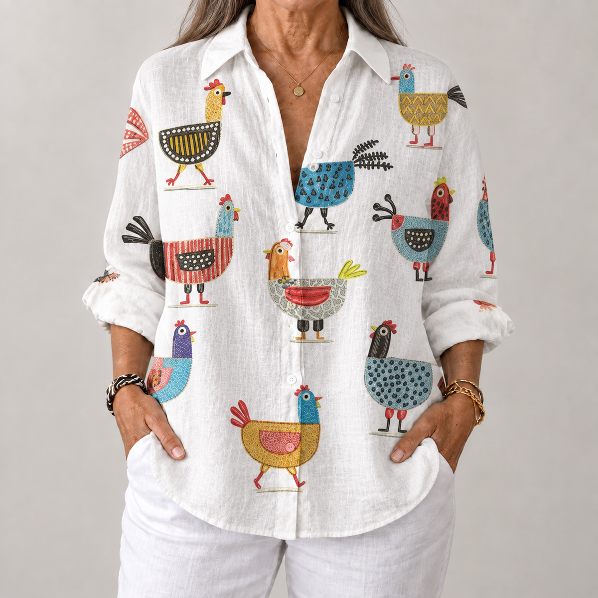 Helen – Playful Chicken Print Blouse