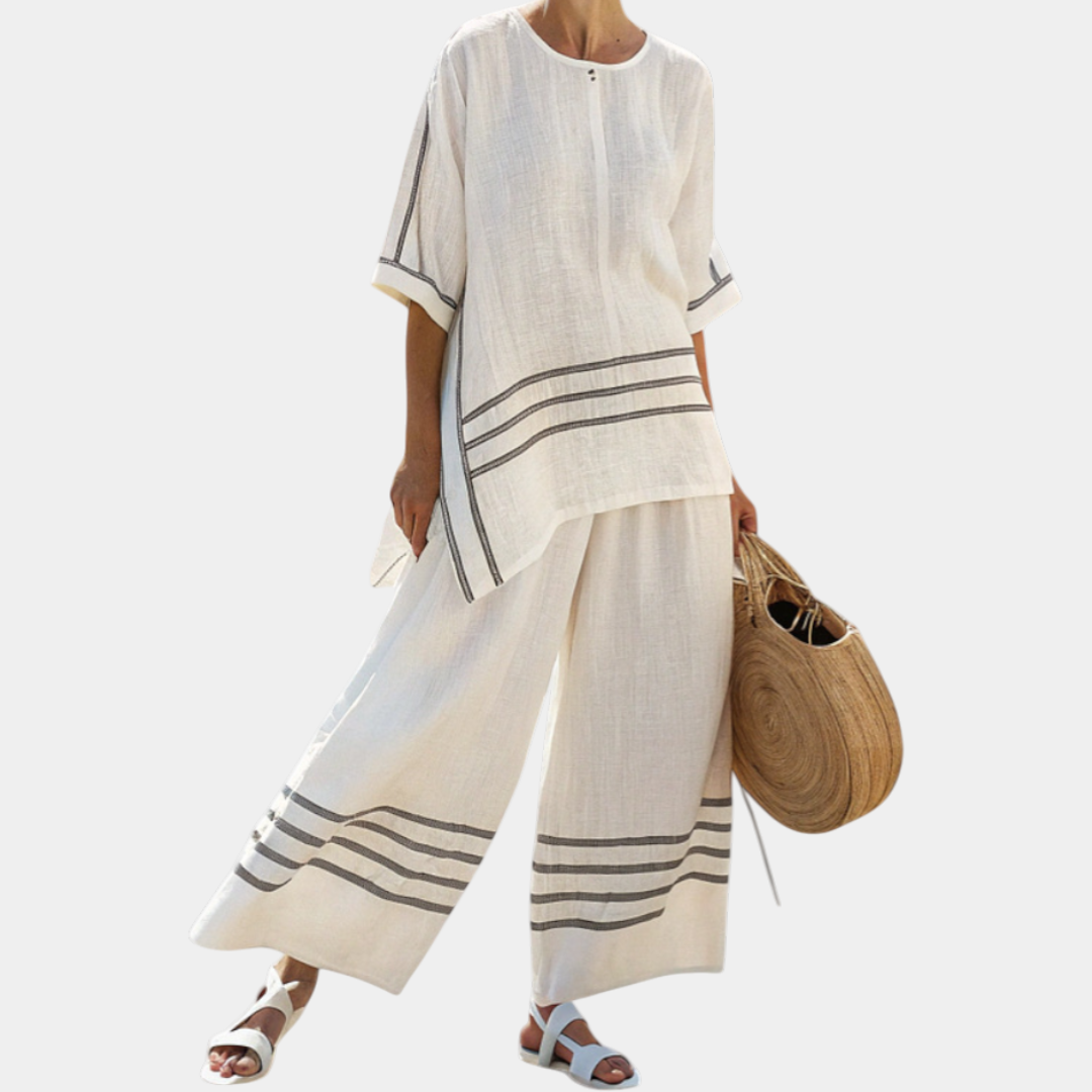 Vittorina | Asymmetric Blouse with Fine Stripes and Bold Pants
