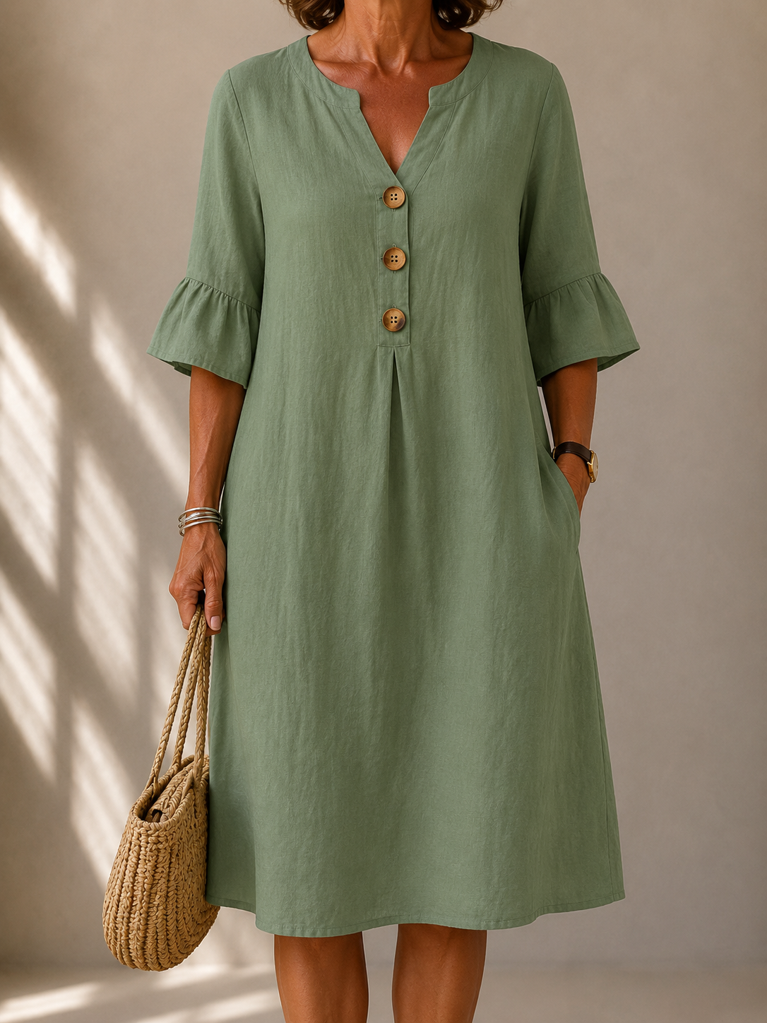 Georgie Buttoned Dress with Flared Sleeves