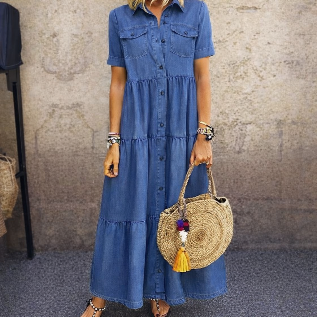 Elizabeth - Denim Print Midi Dress