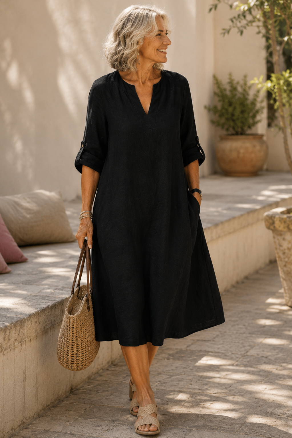 Florence Straight Dress with Roll-Up Sleeves