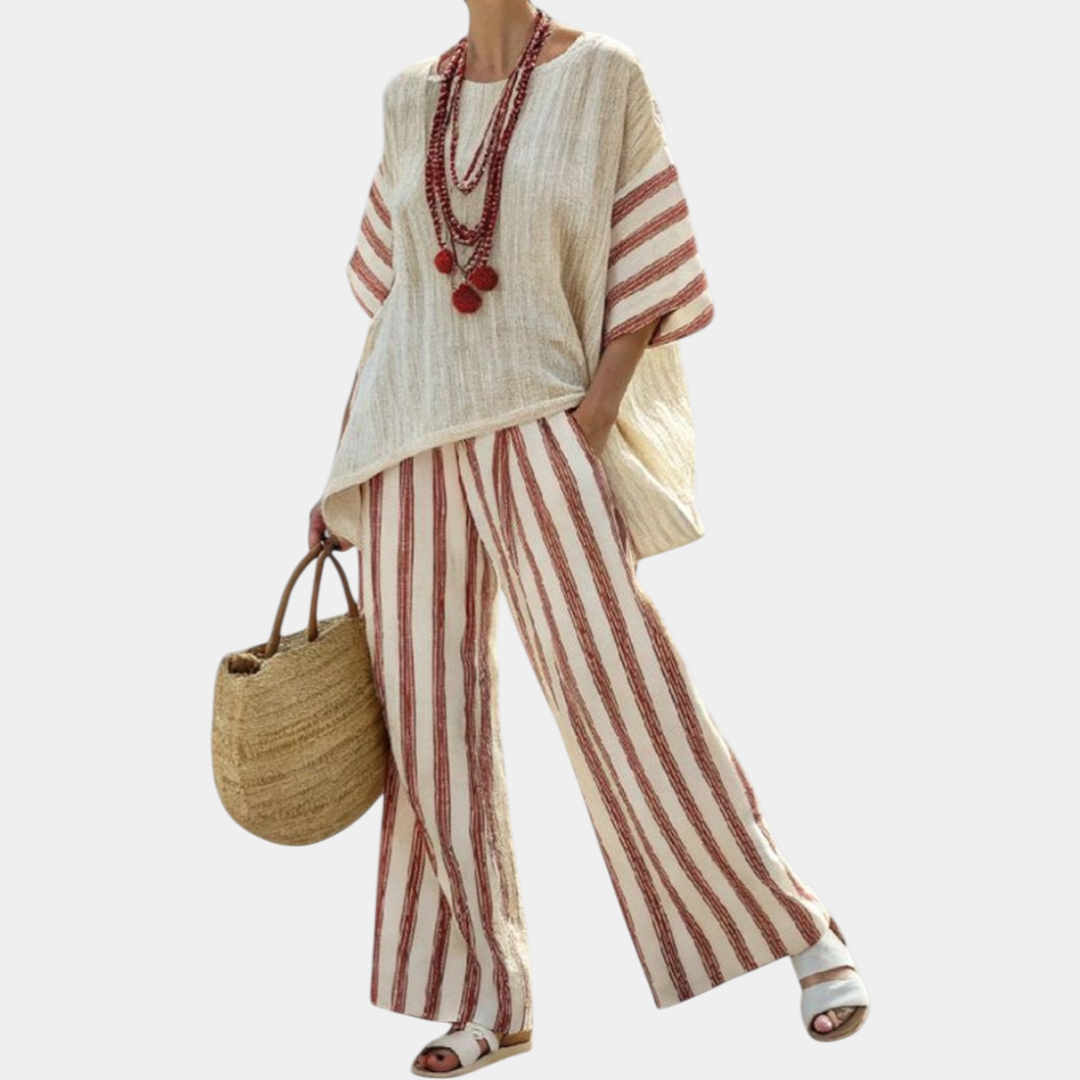 Rosalinda | Elegant Top with Rustic Stripes and Cream Pants
