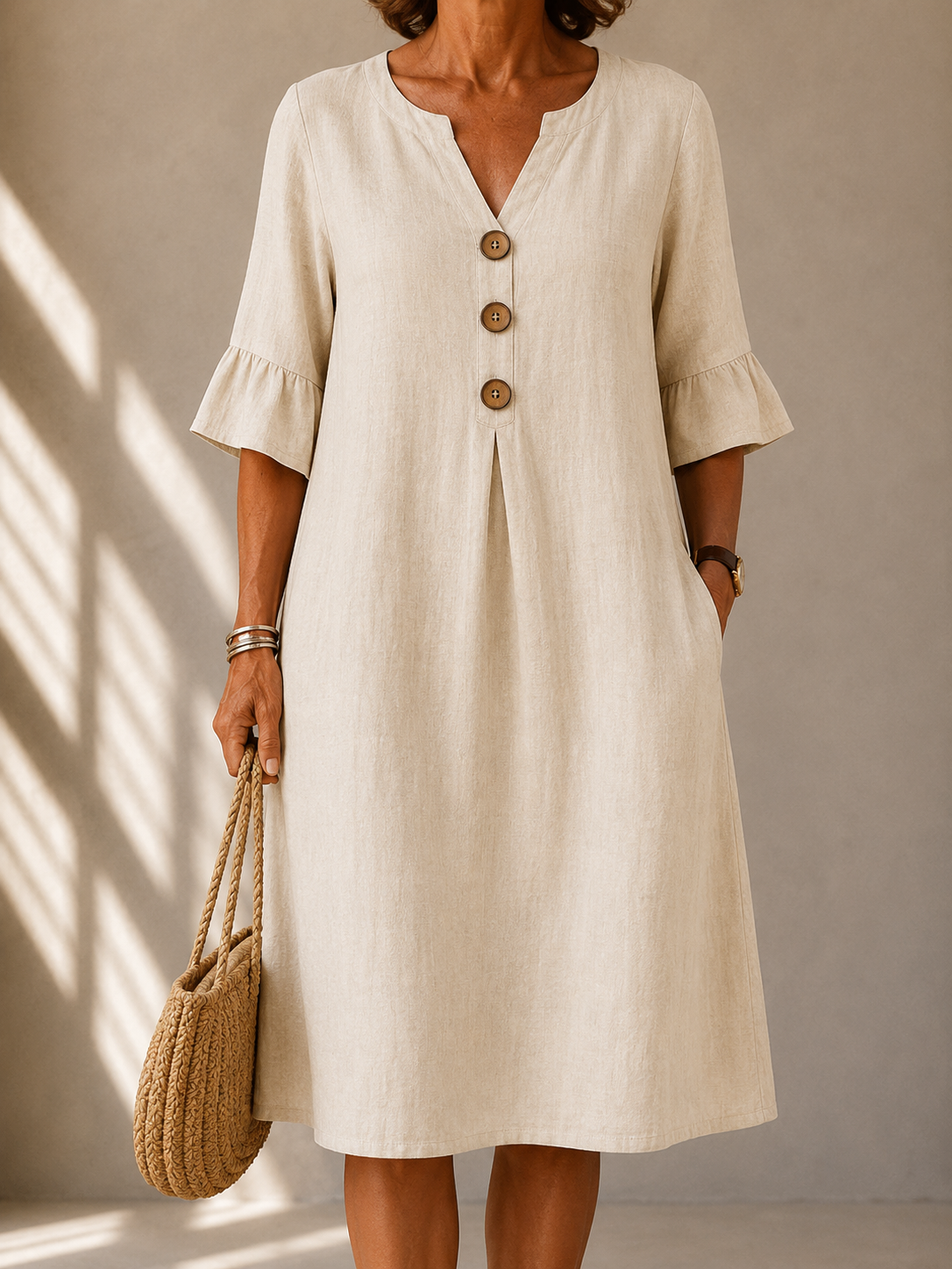 Pearl Buttoned Pleated Dress