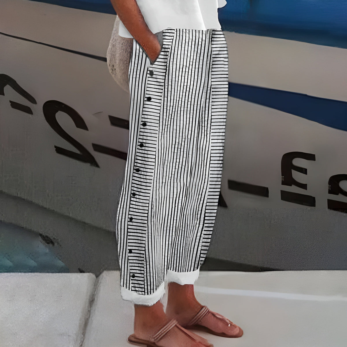Eleanor | Stripe Panel Button Trousers