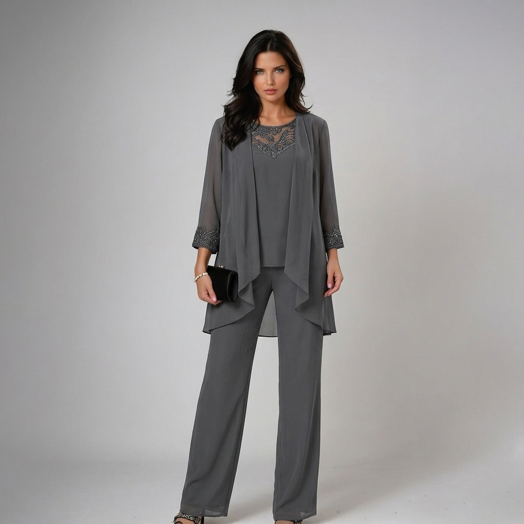 Iva | Beaded Chiffon Wide-Leg Three-Piece Set