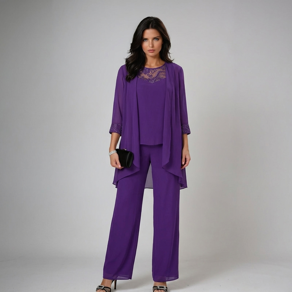 Iva | Beaded Chiffon Wide-Leg Three-Piece Set