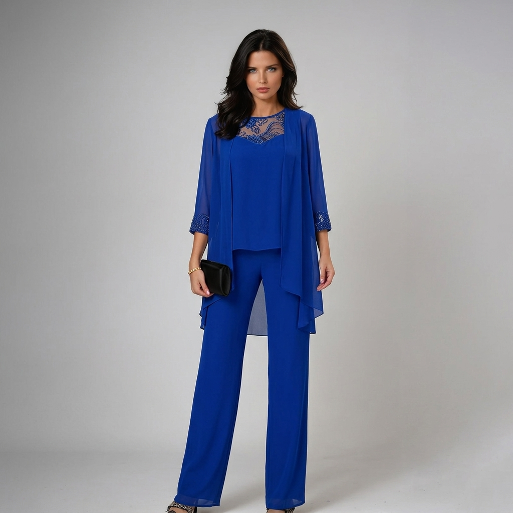 Iva | Beaded Chiffon Wide-Leg Three-Piece Set