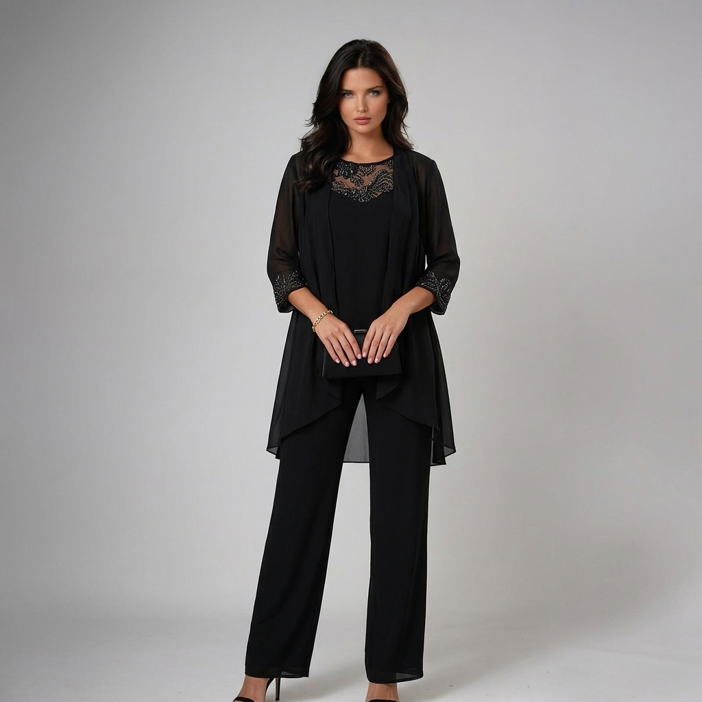 Iva | Beaded Chiffon Wide-Leg Three-Piece Set