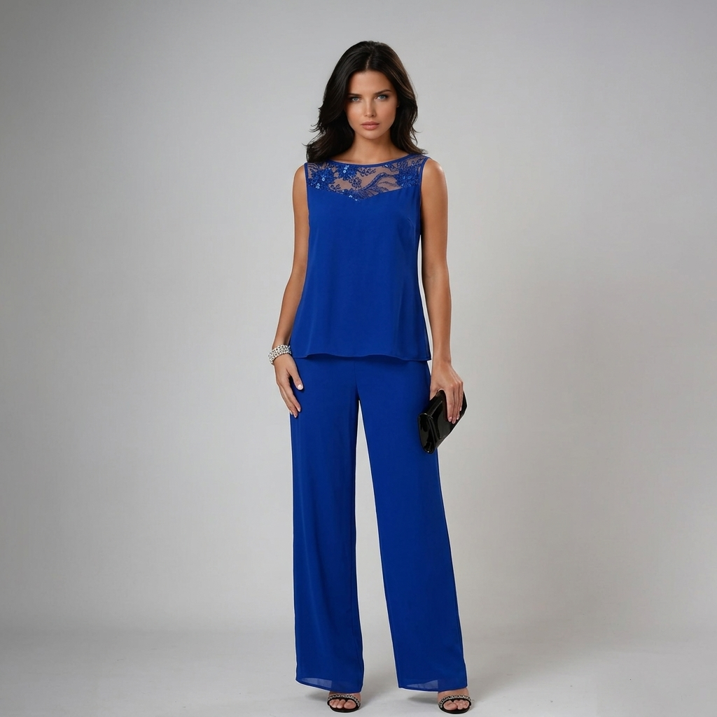 Iva | Beaded Chiffon Wide-Leg Three-Piece Set