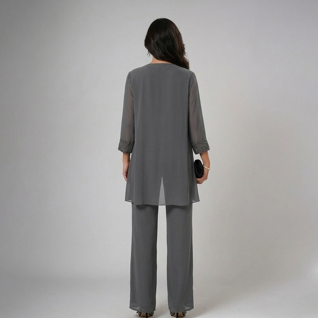 Iva | Beaded Chiffon Wide-Leg Three-Piece Set