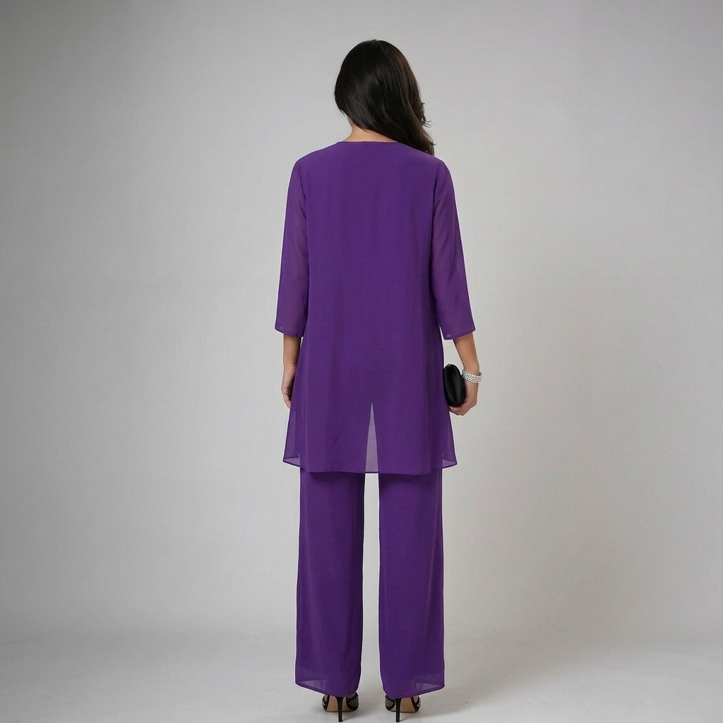 Iva | Beaded Chiffon Wide-Leg Three-Piece Set