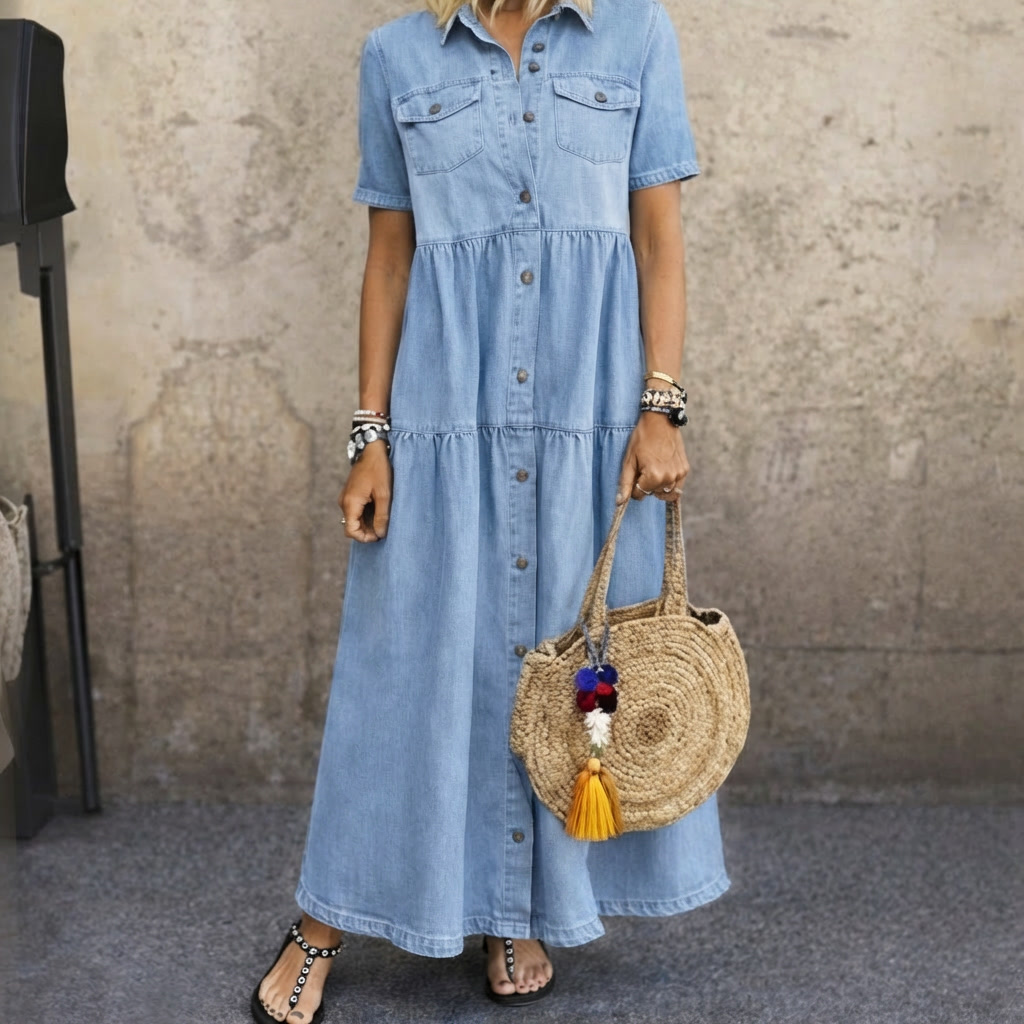 Elizabeth - Denim Print Midi Dress