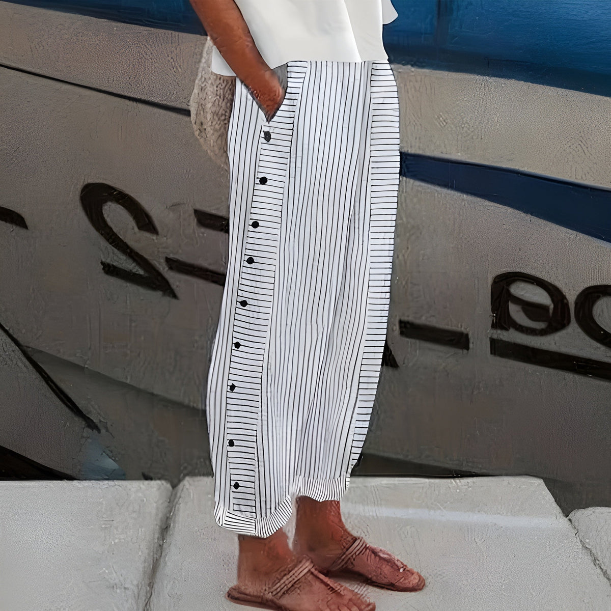 Eleanor | Stripe Panel Button Trousers