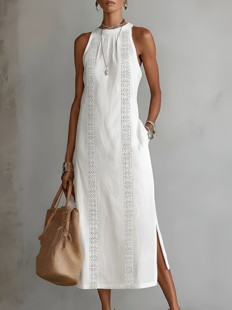 Christine | Relaxed Embroidered Mandarin Collar Midi Dress