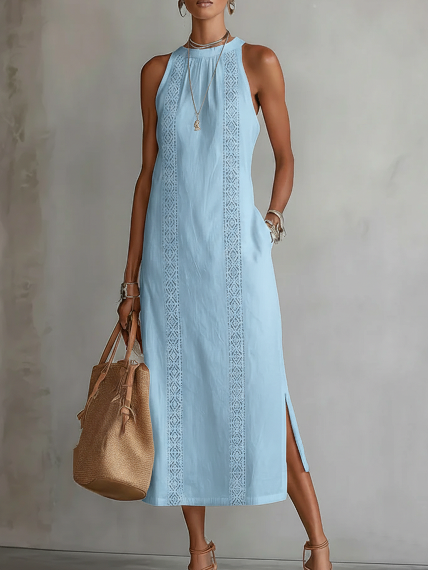 Christine | Relaxed Embroidered Mandarin Collar Midi Dress