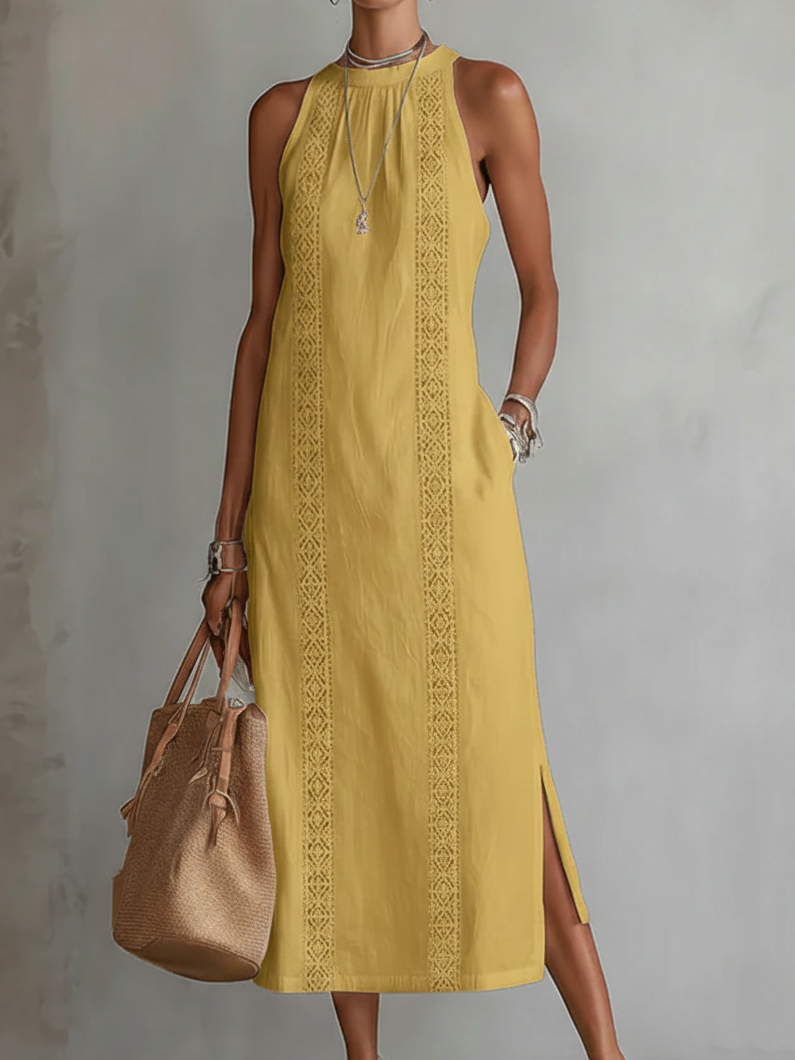 Christine | Relaxed Embroidered Mandarin Collar Midi Dress