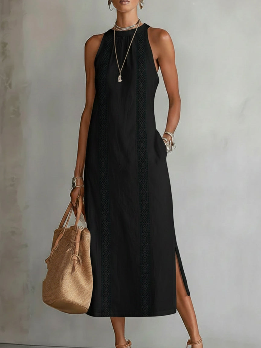 Christine | Relaxed Embroidered Mandarin Collar Midi Dress